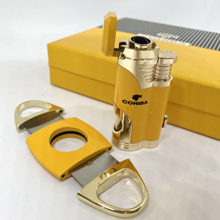 Турбо-запальничка Cohiba та гільйотина жовто-золотистого кольору у наборі