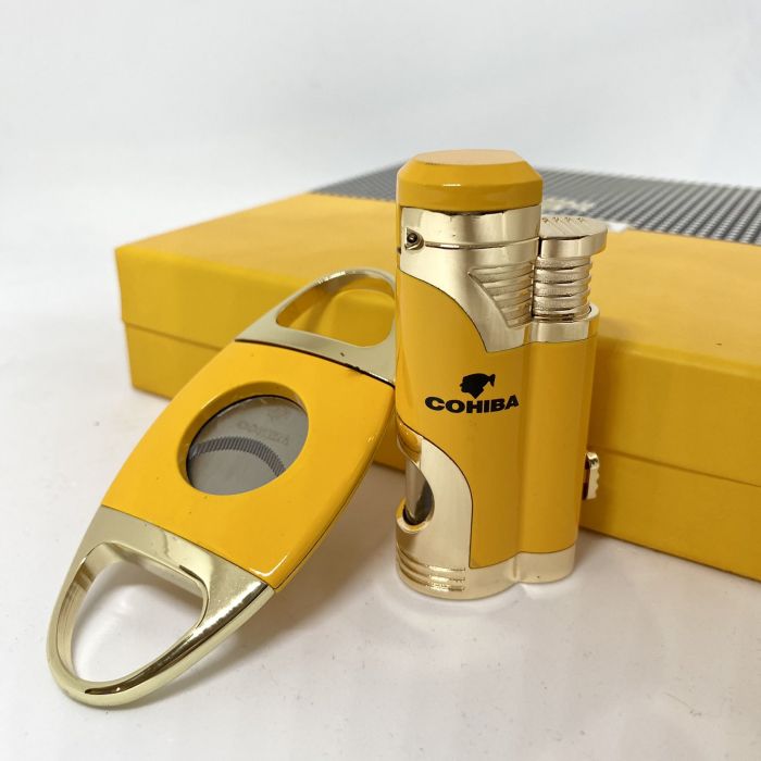 Турбо-запальничка Cohiba та гільйотина жовто-золотистого кольору у наборі