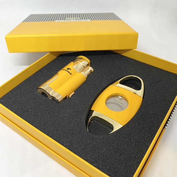 Турбо-запальничка Cohiba та гільйотина жовто-золотистого кольору у наборі