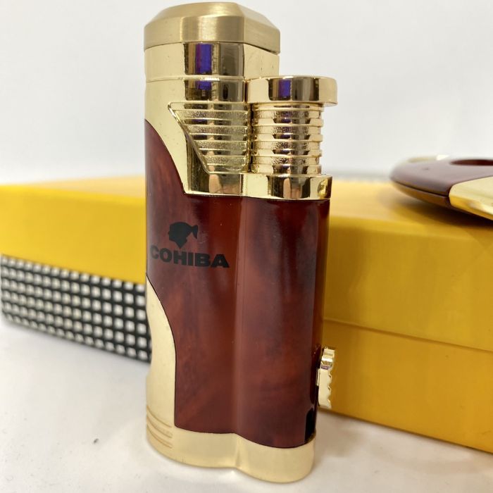 Турбо-запальничка Cohiba та гільйотина коричнево-золотистого кольору у наборі