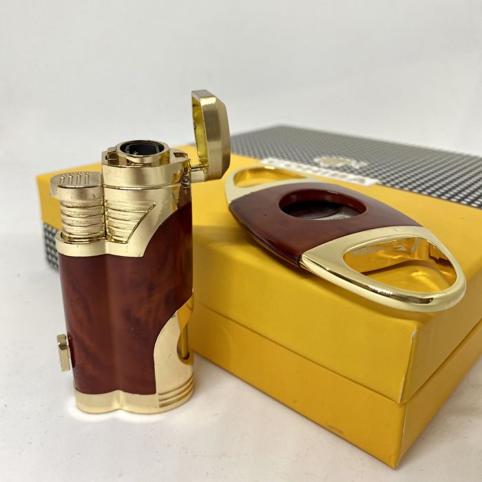 Турбо-запальничка Cohiba та гільйотина коричнево-золотистого кольору у наборі