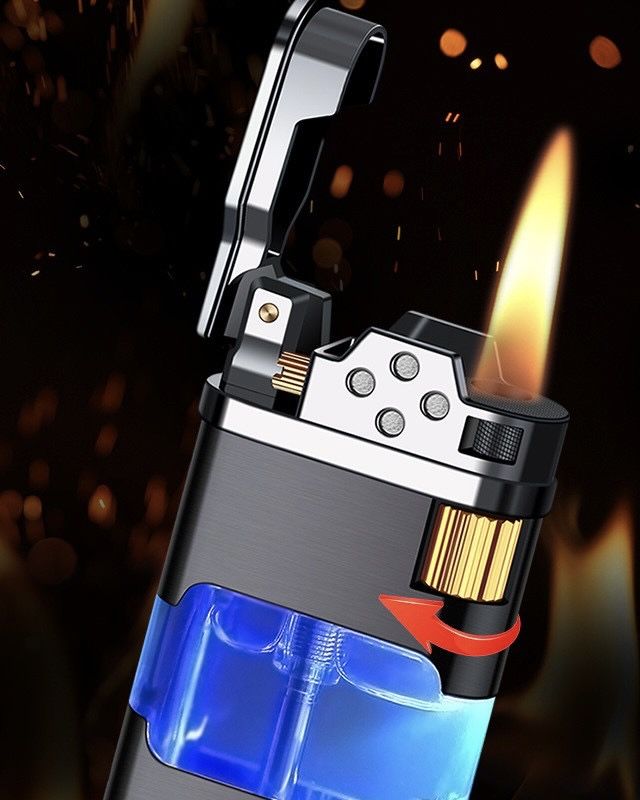 Газова турбо-запальничка з прозорим баком золотистого  кольору