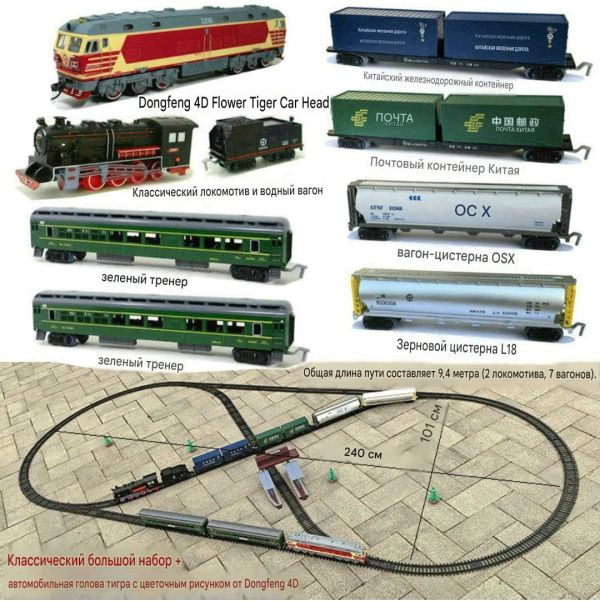 Великий ігровий залізничний конструктор FENFA "Train Familial" 9.4 м (2 локомотиви, 7 вагонів, станція, акумулятори + ЗП)
