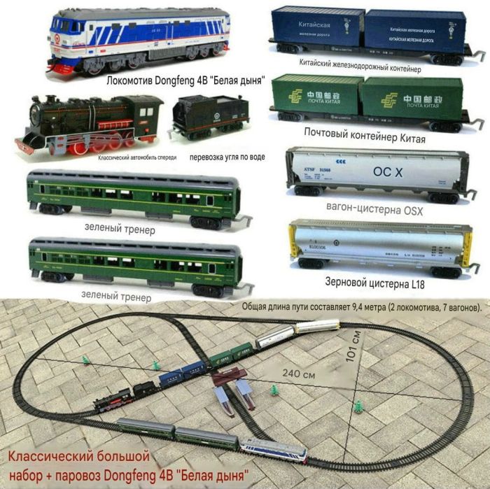 Преміальний великий залізничний набір FENFA: Тепловоз Dongfeng 4B + Паровоз (Колія 9.4 м, 7 вагонів, станція, 4 акумулятори та зарядка)