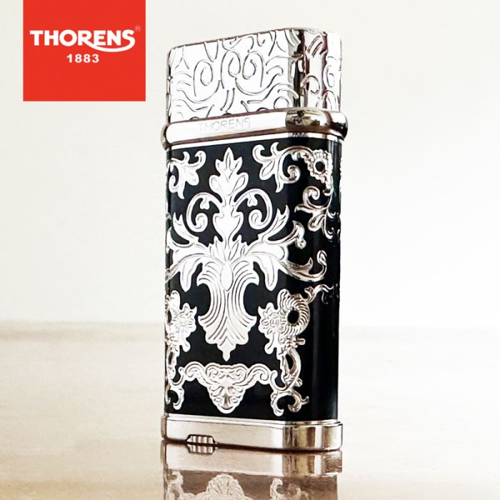 Розкішна газова запальничка THORENS в чорному кольорі зі срібним орнаментом